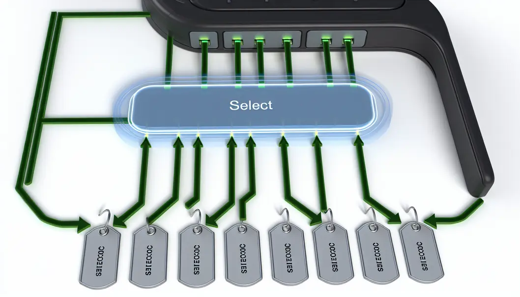 Fluxo de dados entre leitor RFID e tags, destacando o comando Select.