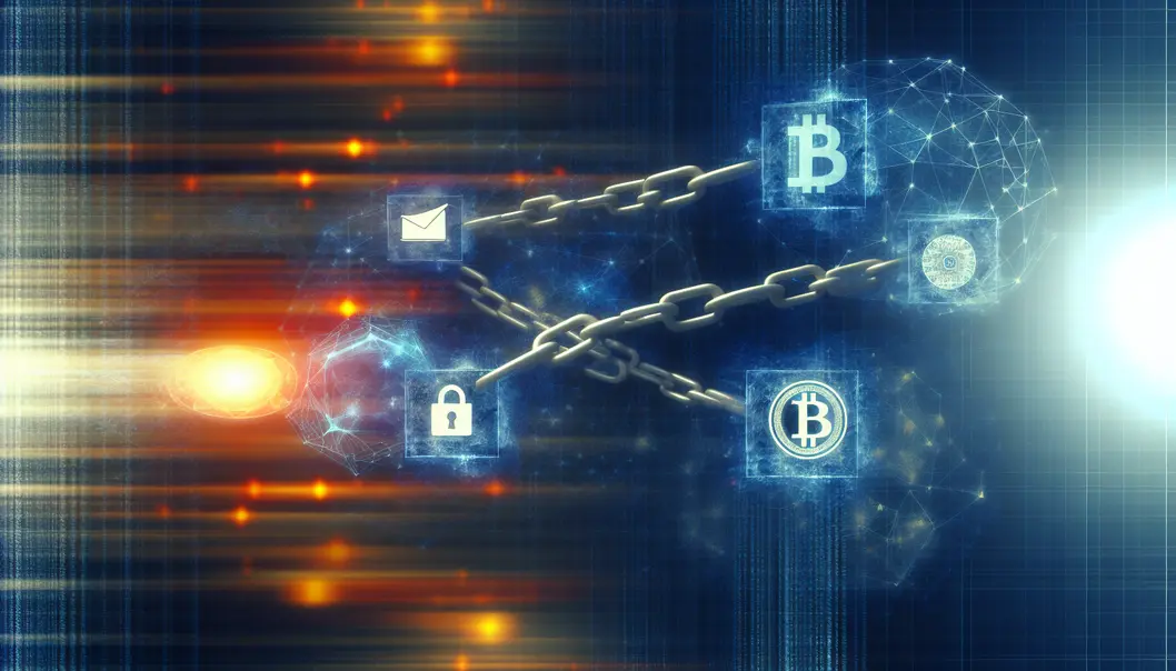 Fluxos de dados digitais de blockchain interligando elementos de comércio e criptomoeda.