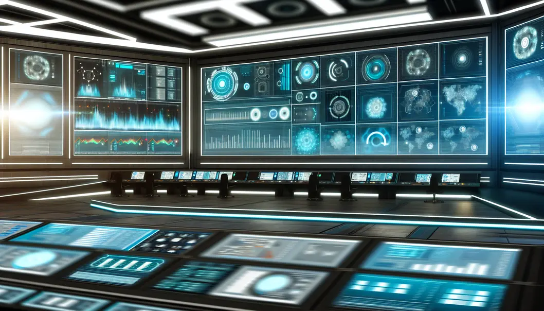 Sala de controle futurista mostrando o ciclo de vida dos produtos.