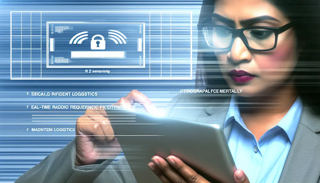Um ambiente de armazém moderno apresentando um portal RFID com tecnologia avançada.