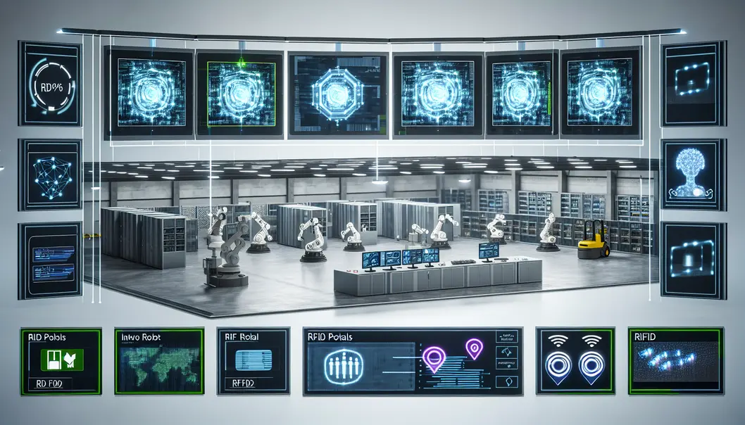 Sala de controle de logística futurista com telas exibindo dados de RFID.