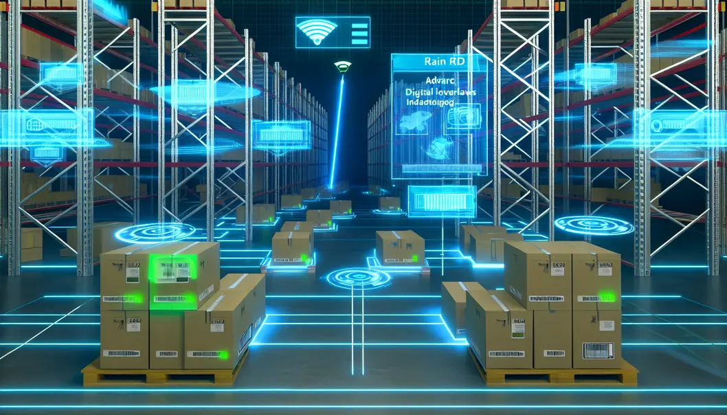 Depósito moderno com atualizações de inventário em tempo real usando tecnologia RAIN RFID.