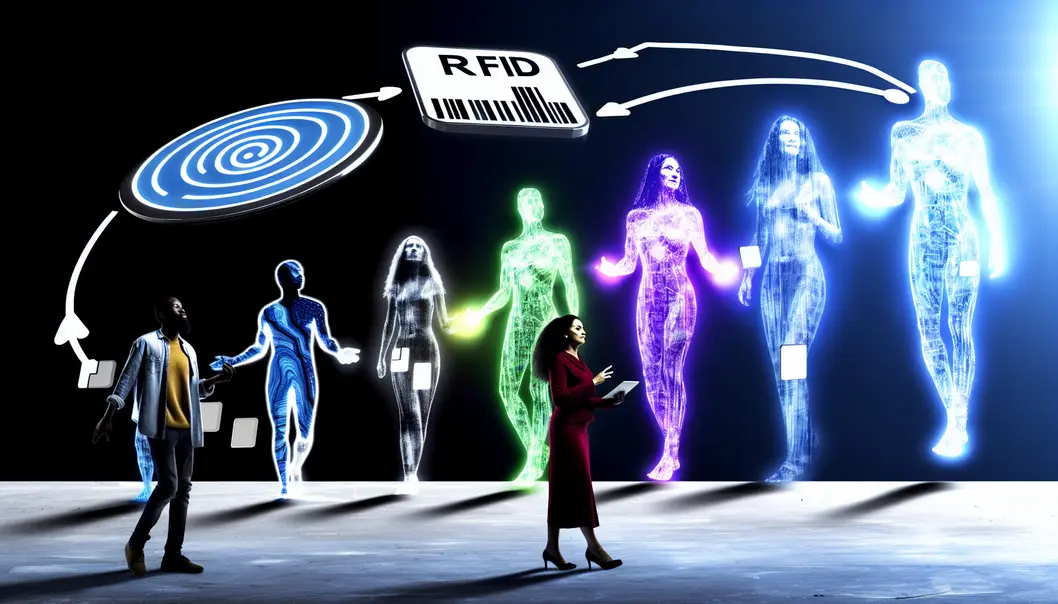 Montagem de símbolos de etiquetas RFID e conectividade digital com pessoas interagindo.