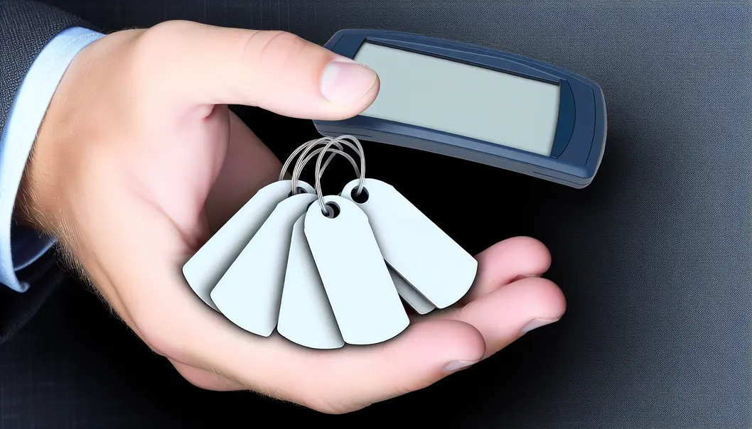 Mão segurando um leitor RFID próximo a tags, simbolizando gestão otimizada.