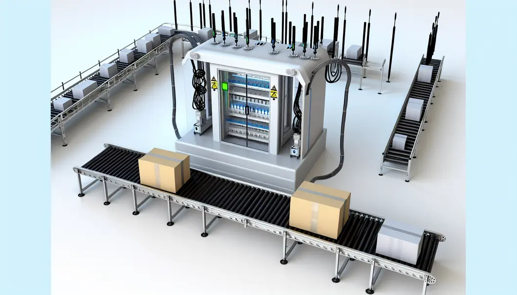 Um ambiente de armazém moderno apresentando um portal RFID com tecnologia avançada.