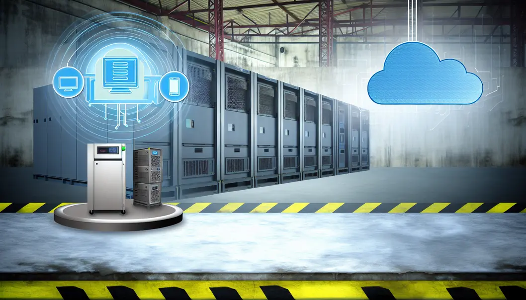 Configuração industrial com leitores RFID e servidores de nuvem.