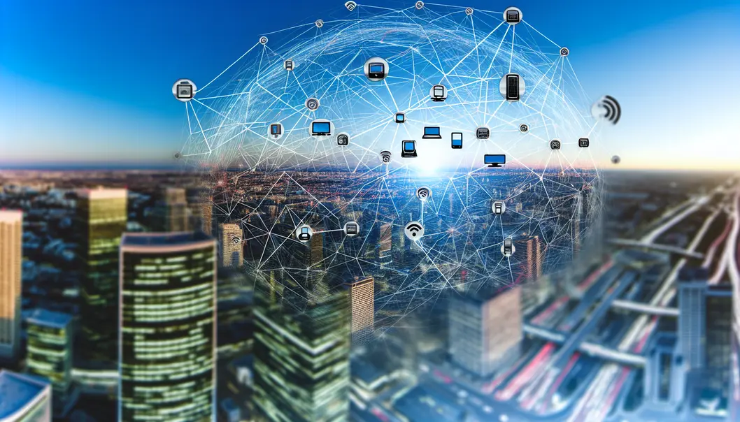 Visão panorâmica de dispositivos conectados simbolizando a fusão de tecnologias RFID e IoT.