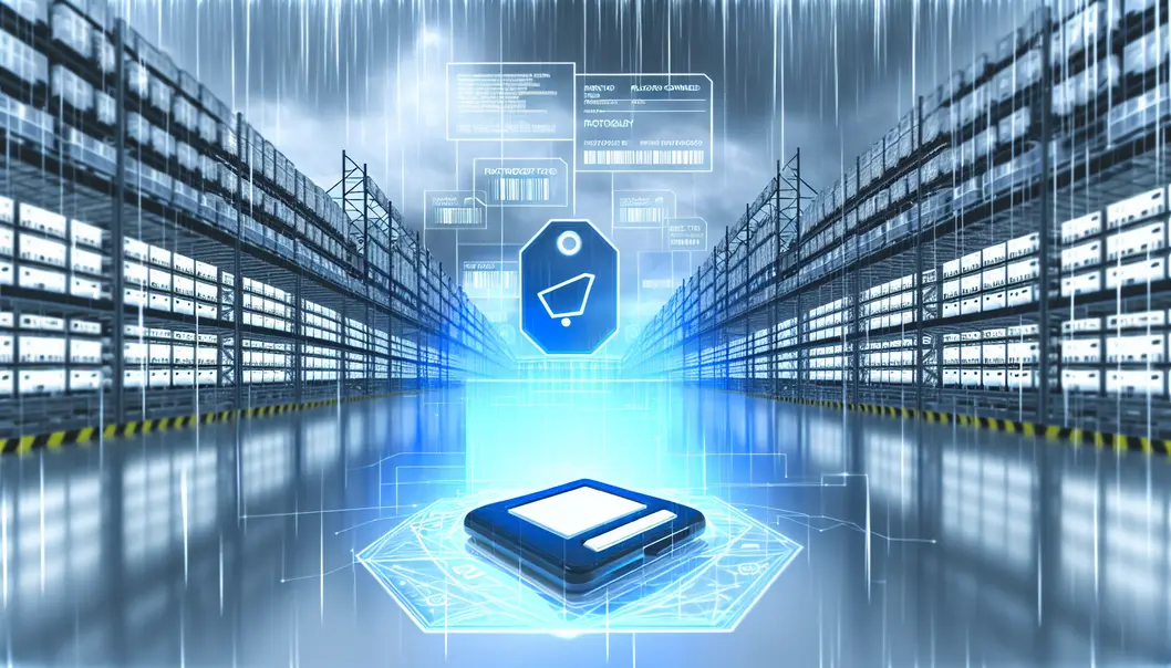 Cena futurista com tecnologia RAIN RFID em um armazém, mostrando etiquetas e fluxos de dados digitais.